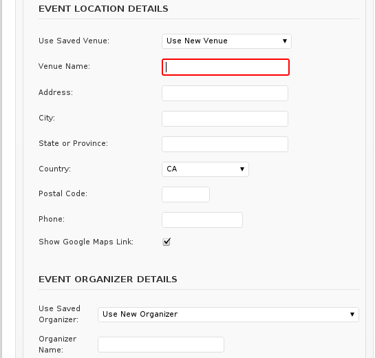 Wordpress add event location and organizaer