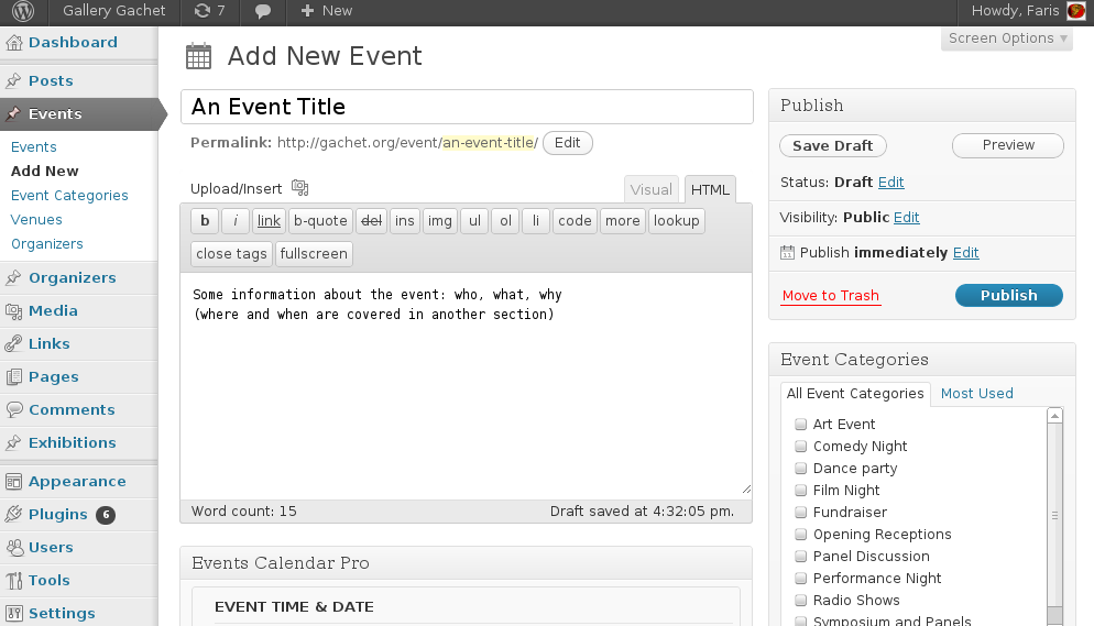 Wordpress add event menu