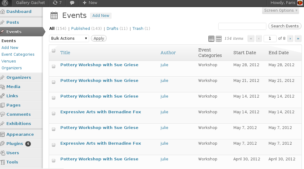 Wordpress event menu listing