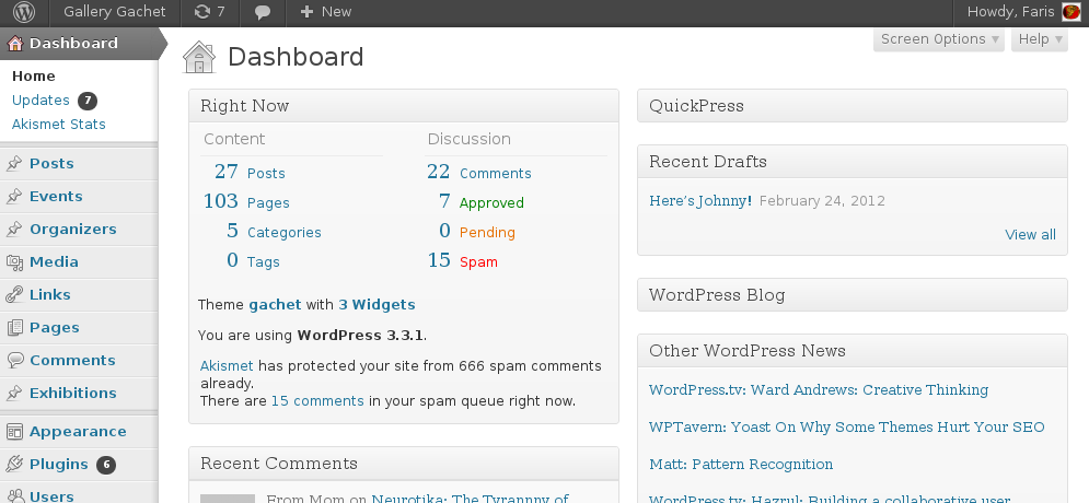 Wordpress admin menu